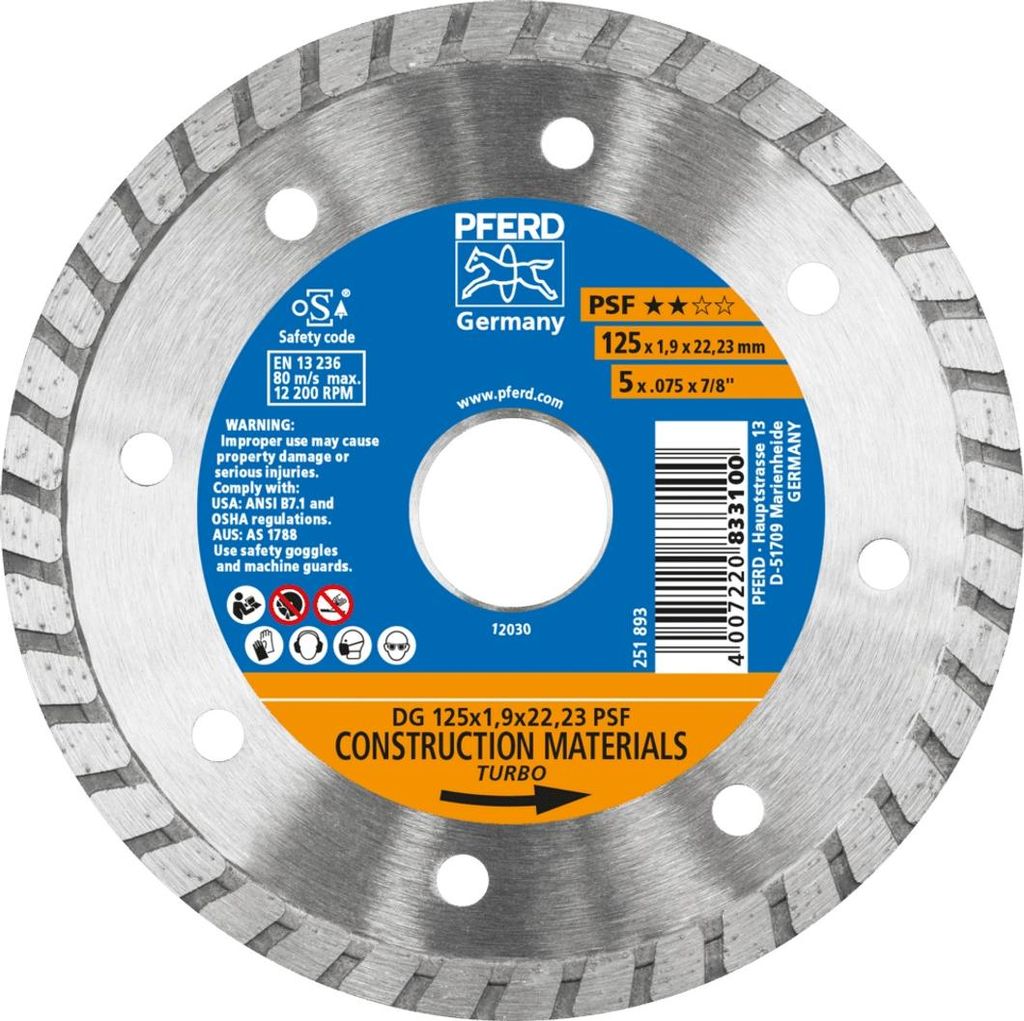 PFERD Diamond cut-off wheels for the construction industry, type with continuous rim (TURBO) PSF, Stahl