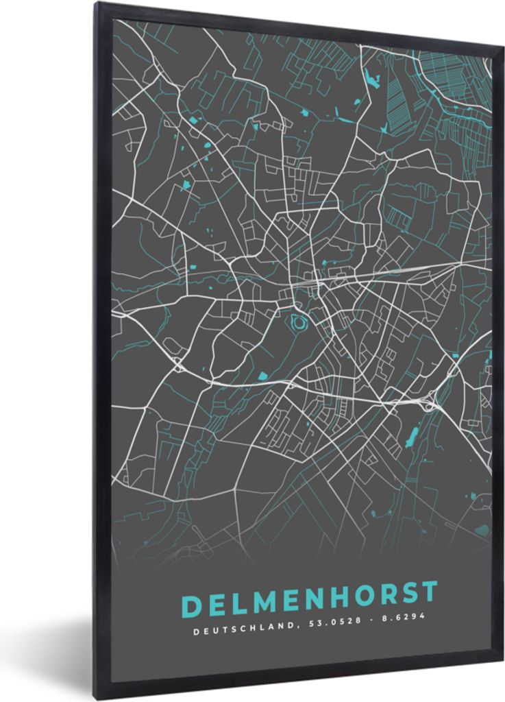 MuchoWow Gerahmtes Poster Karte - Stadtplan - Delmenhorst - Deutschland - Blau 40x60 cm - Poster mit Schwarzem Bilderrahmen Wandposter Rahmen Fot...