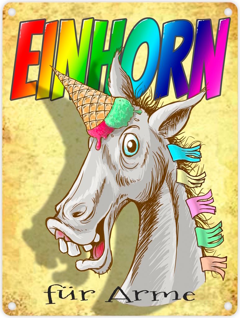 Metallschild in 15x20 cm mit Regenbogen Einhorn Motiv und Spruch - Einhorn für