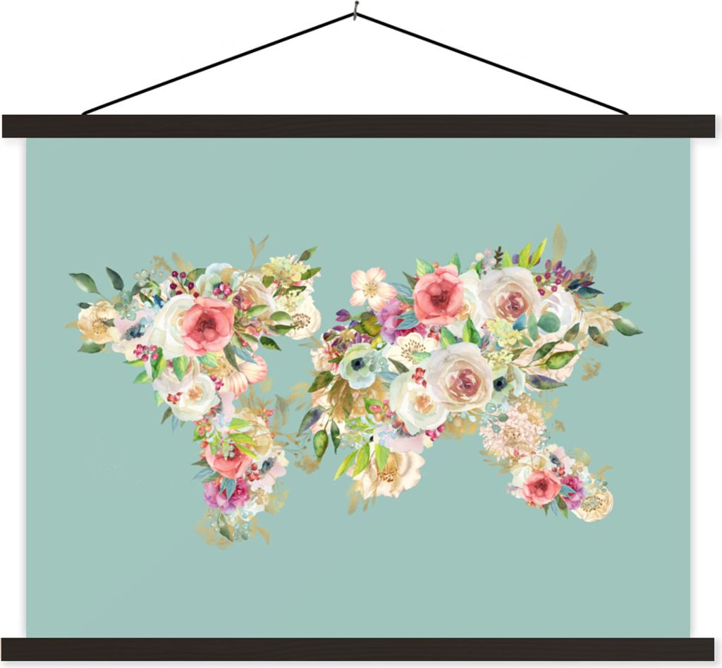 MuchoWow Textilposter Weltkarte - Blumen - Pastell 120x90 cm mit schwarzem Rahmen - Aufhänger für Poster