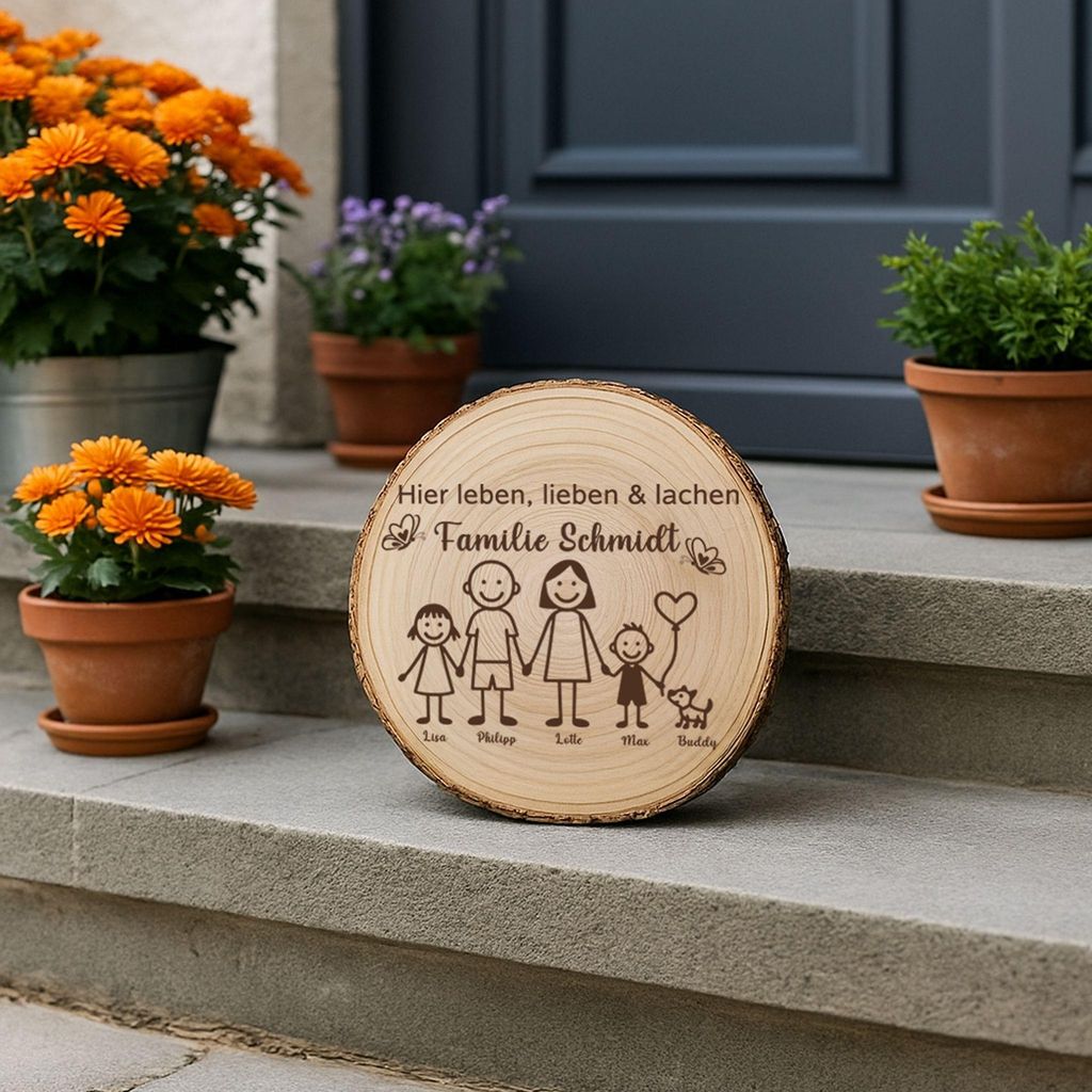 Baumscheibe 30 cm Familie Willkommensschild personalisiert mit Kindern & Hund