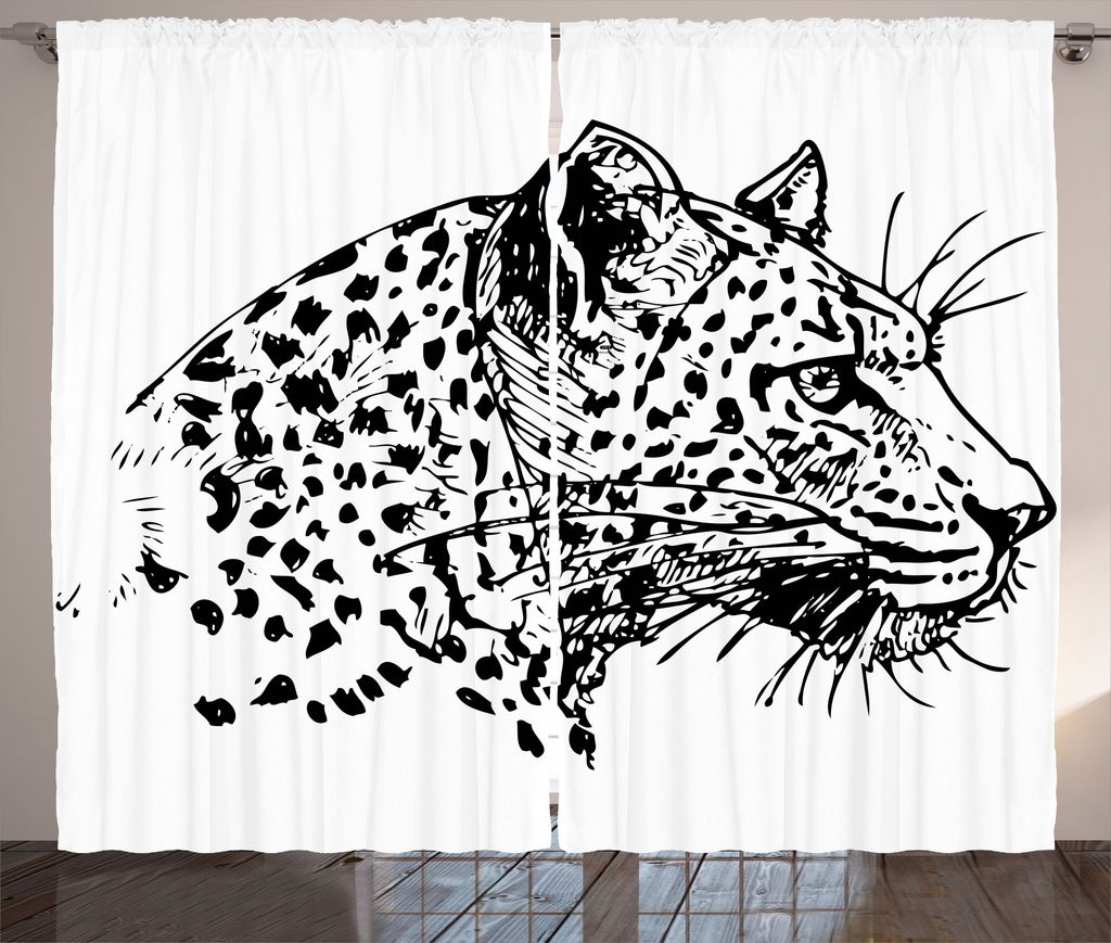 ABAKUHAUS Skizze Rustikaler Vorhang, Jaguar Sketch Wildlife, Wohnzimmer Universalband Gardinen mit Schlaufen und Haken, 280 x 175 cm, Weiß und Sch...