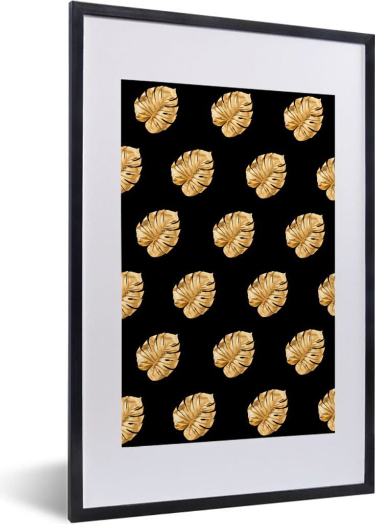 MuchoWow MuchoWow Gerahmtes Poster Gold - Monstera - Muster 40x60 cm - Poster mit zchwarzem Bilderrahmen - Poster in Rahmen