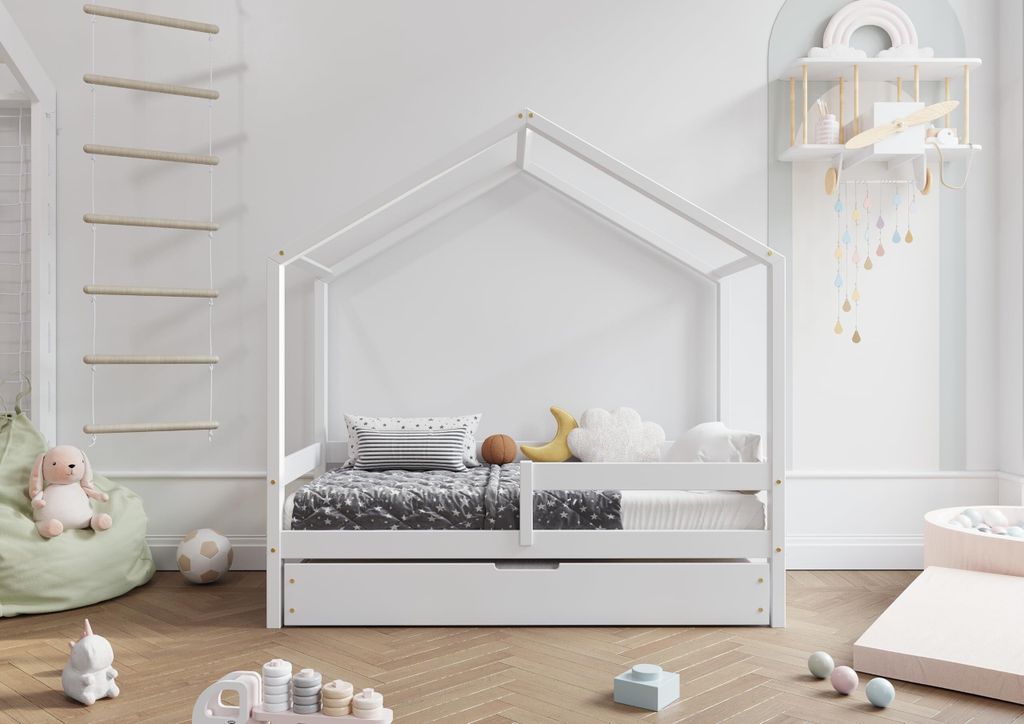 TIMBEE HUFIE Box Hausbett Kinderbett Holz Kinderzimmer Bett - Weiß - 90x180cm