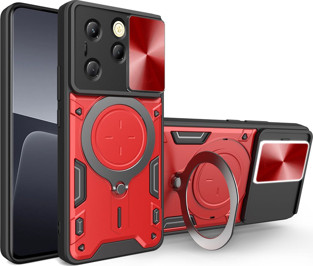 Handyhülle für Infinix Hot 40 / Hot 40 Pro 4G Dual-Layer Stoßfest Rüstung Hülle mit Dia Kameraschutz und Kreisförmig Ring Ständer Rot