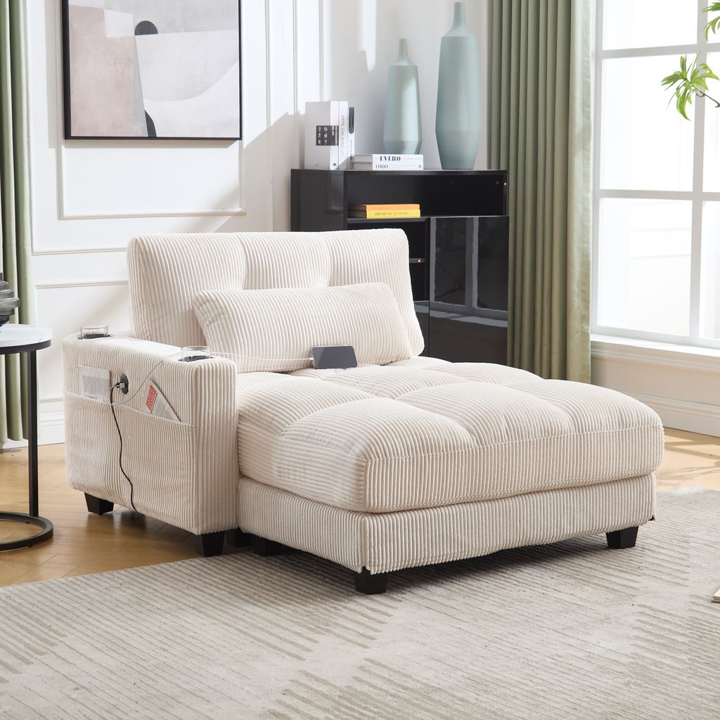A beige corduroy sofa with a chaise lounge is shown in a living room setting.