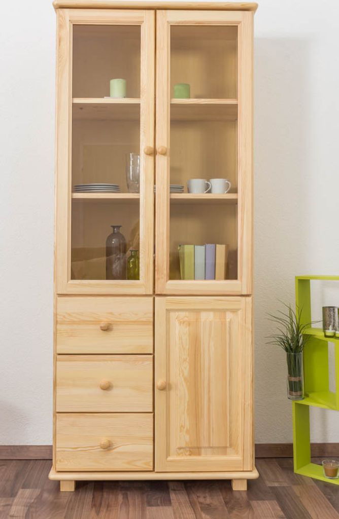 Esszimmerschrank, Vitrine, 80 cm breit, Kiefer massiv, Optik: Natur