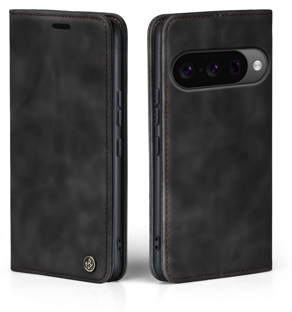 A black flip case for a Google Pixel phone, shown from two angles.
