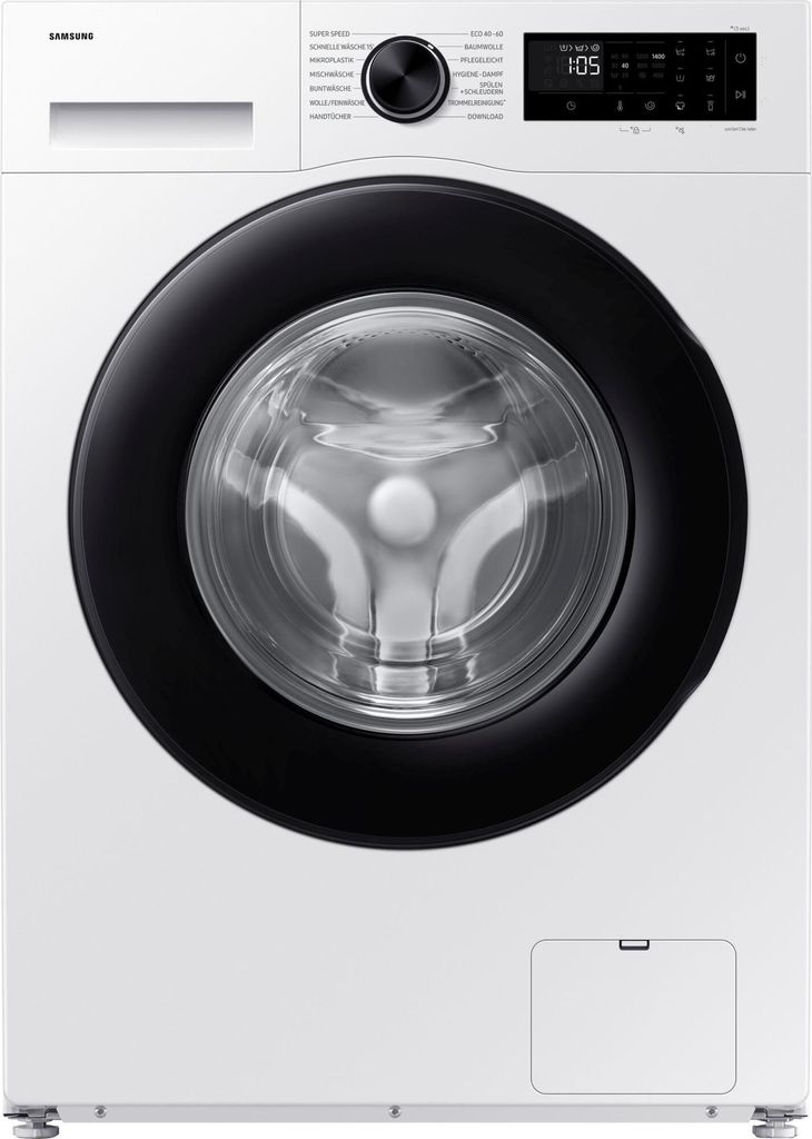 A white Samsung washing machine with a black door.