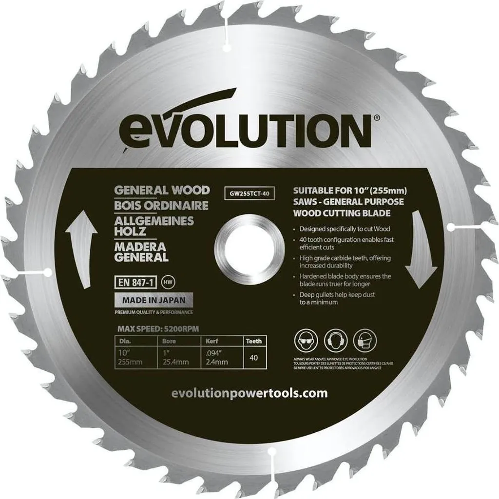 Scie à onglet pour le bois avec lame 255mm 40z Evolution et Widia