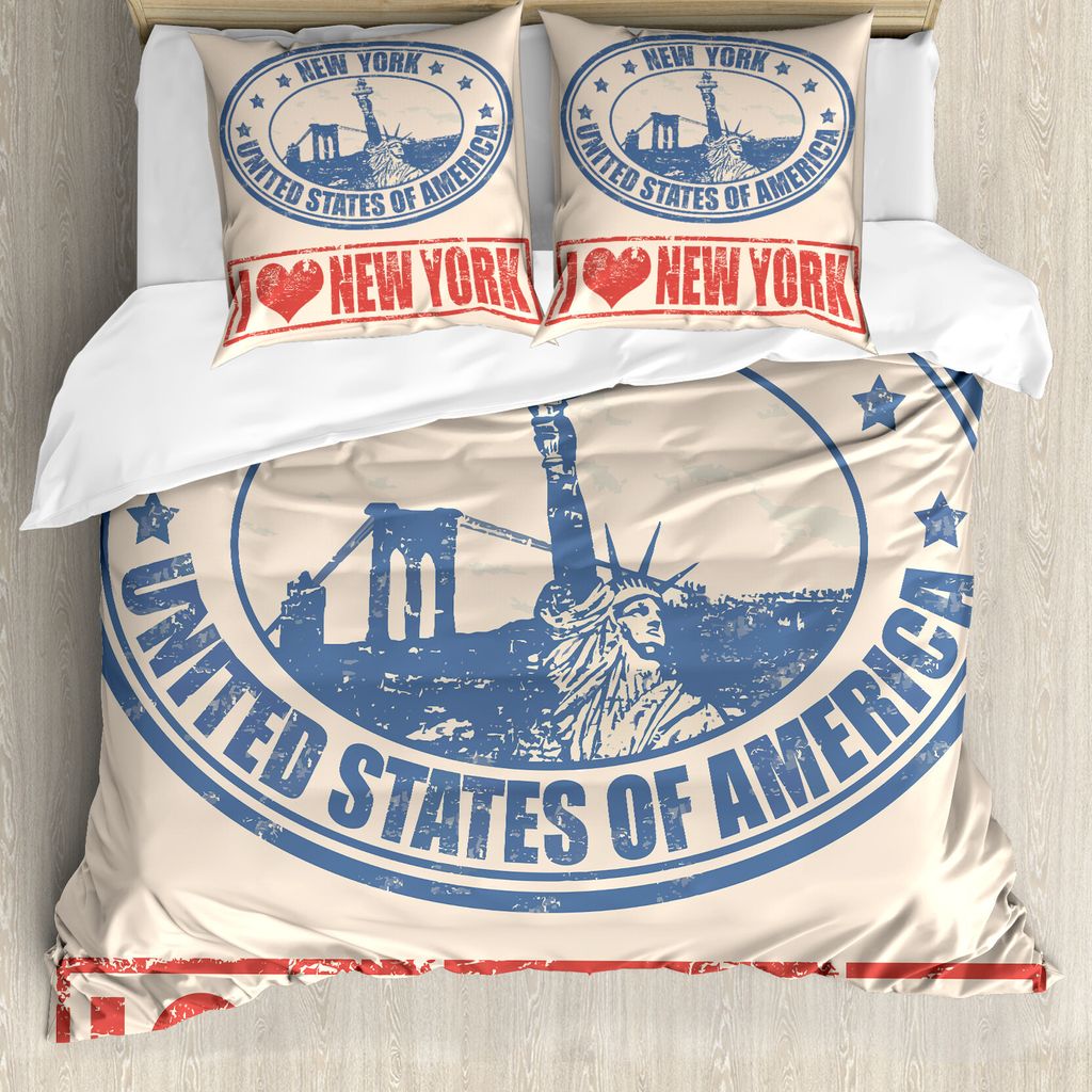 ABAKUHAUS Retro Poster Bettbezug, Liebe NYC in Rot Blau, Milbensicher Allergiker geeignet mit Kissenbezügen, 155 cm x 220 cm - 80 x 80 cm, blau or...