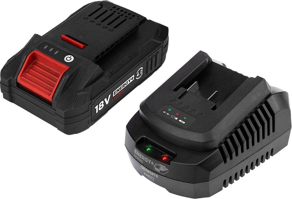 GRAPHITE Energy+ Akku 4Ah & Ladegerät Set - 18V Li-Ion, kompatibel mit GRAPHITE & NEO TOOLS