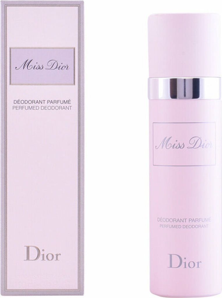 A product shot of a perfume deodorant and its packaging.