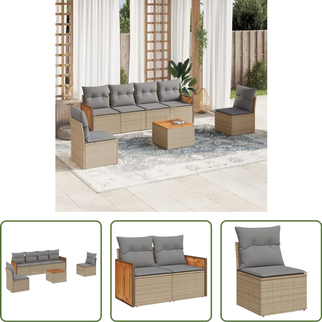 The Living Store 7-tlg. Garten-Sofagarnitur mit Kissen Beige Poly Rattan