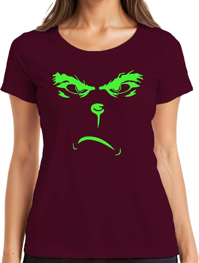 Halloween Monster Gesicht Grusel Augen Leuchtend Neon Alien böse Damen T-Shirt, Burgundy, S
