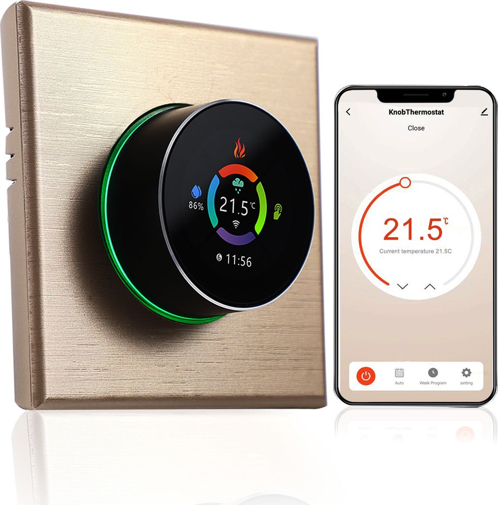 A smart thermostat and its corresponding mobile app interface are displayed side-by-side against a white background.
