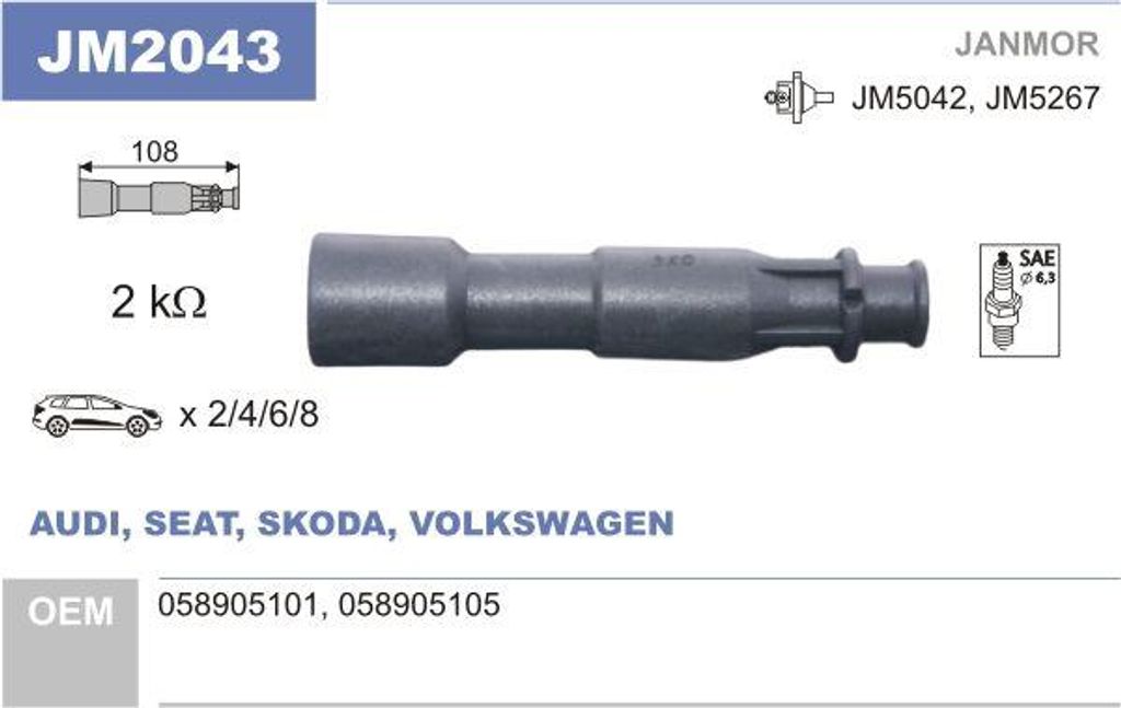 JANMOR JM2043 Stecker, Zündspule OE kompatibel mit A4 8D, A3 8L, Sharan, Passat 3B, Golf IV, Bora, Octavia, Leon, Alhambra, A8 4D, A6 4B, A6 4A