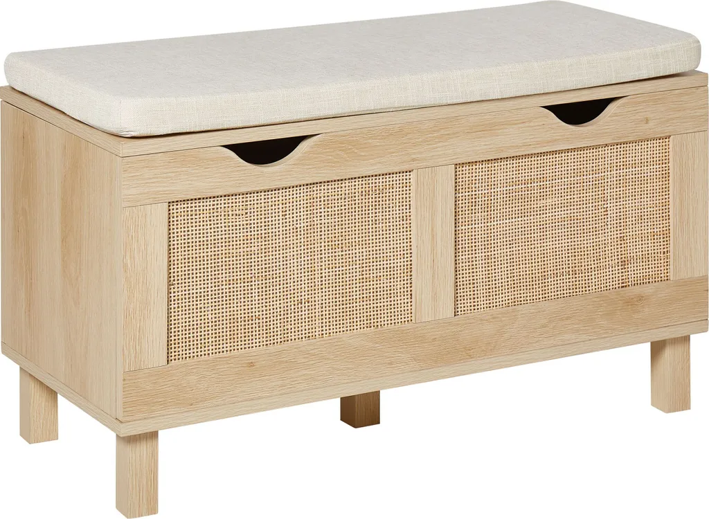Banc coffre bois et rotin : la solution de rangement pour entrée rangée