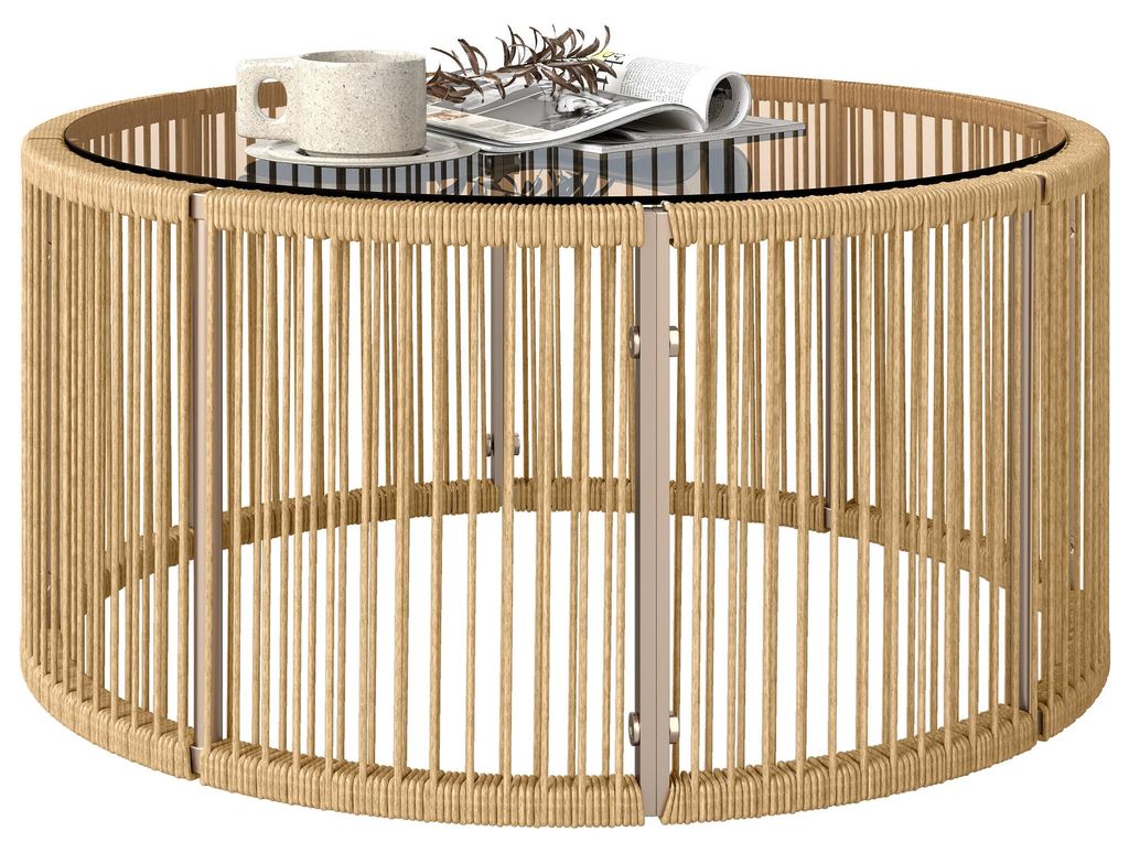 Outsunny Beistelltisch aus Polyrattan Kaffeetisch mit gehärteter Glasplatte