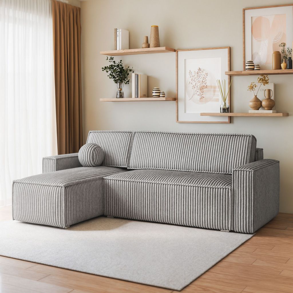Masseno Ecksofa RAVELO T mit Schlaffunktion L-Form, Sofa mit Bettkasten, Wohnzimmersofa, Couch, Soffa, Bettsofa, Couchgarnitur- Hellgrau, TILIA 86