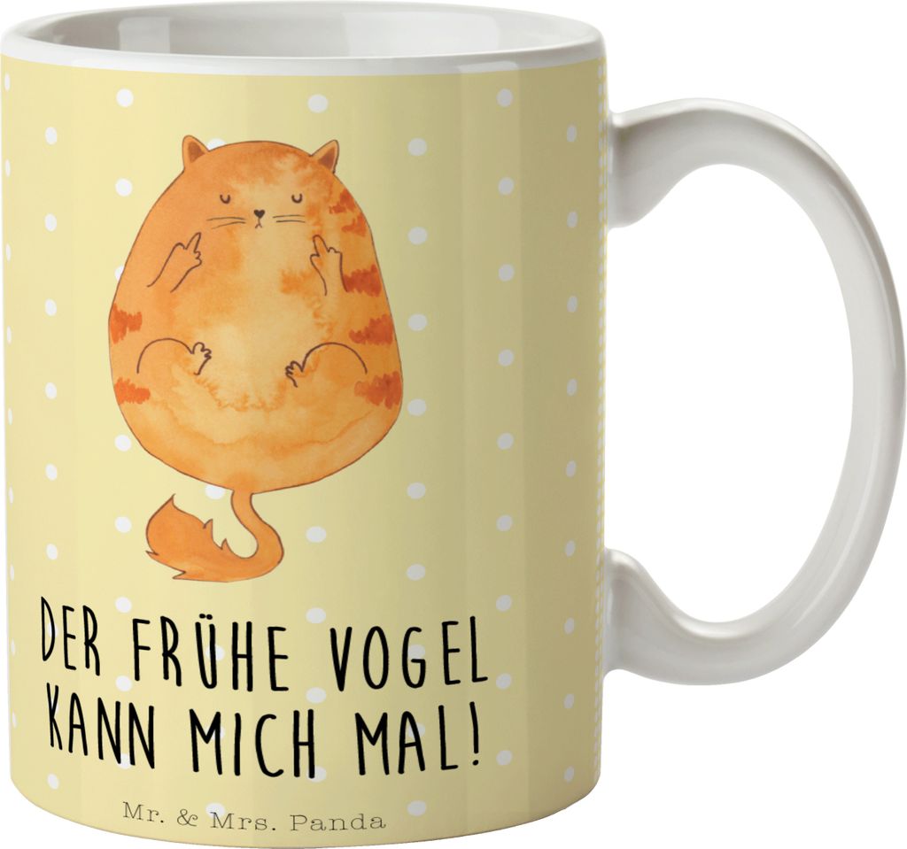 Mr. & Mrs. Panda Tasse Katze Frühaufsteher - Gelb Pastell - Geschenk, Verschlafen, Genervt, Katzen, haferl, Trinkbecher, Becher, Kaffeetasse, Kaff...
