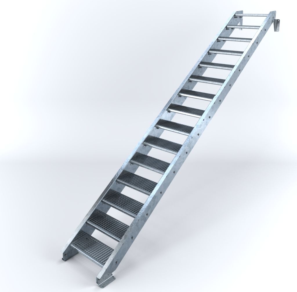 Stahltreppe 15 Stufen bis Höhe 300 cm, Laufbreite : 60 cm kein Geländer ST 2 (31 / 31 mm gezackt)