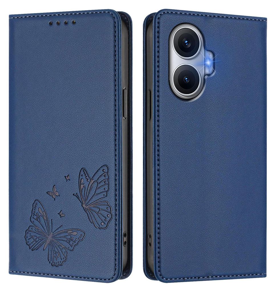 Lederhülle für Xiaomi Poco F7/Redmi Turbo 4 Pro, Schmetterling Prägung Leder Brieftasche Schutzhülle mit Ständer Dunkelblau