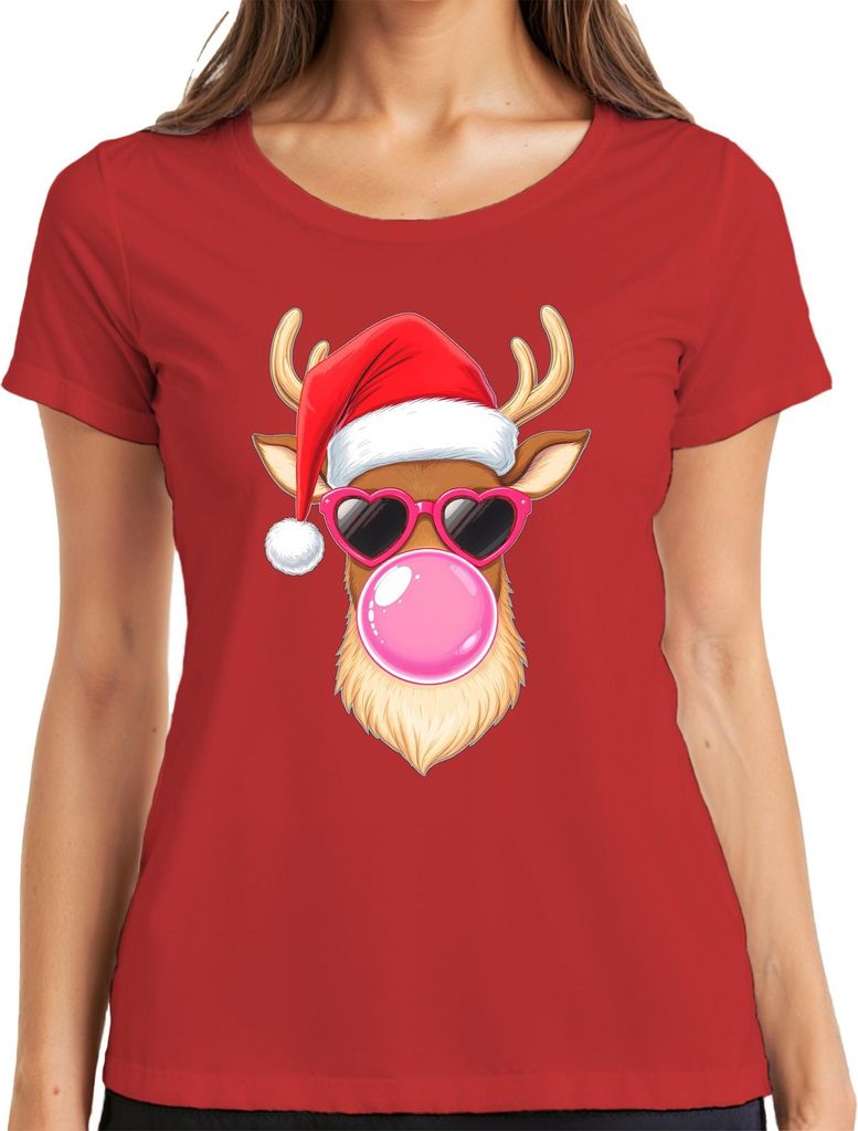 Weihnachtsrentier mit Kaugummi Herzbrille Weihnachtsmütze Cool Damen T-Shirt, Rot, S