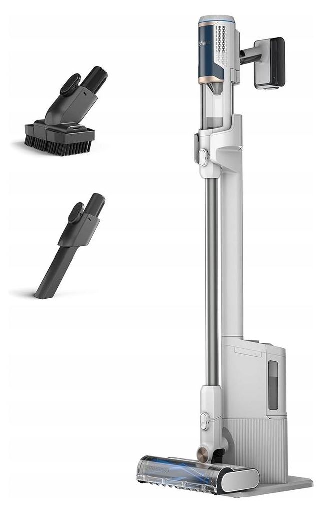 A white cordless vacuum cleaner with its charging station and two attachments, displayed against a white background.