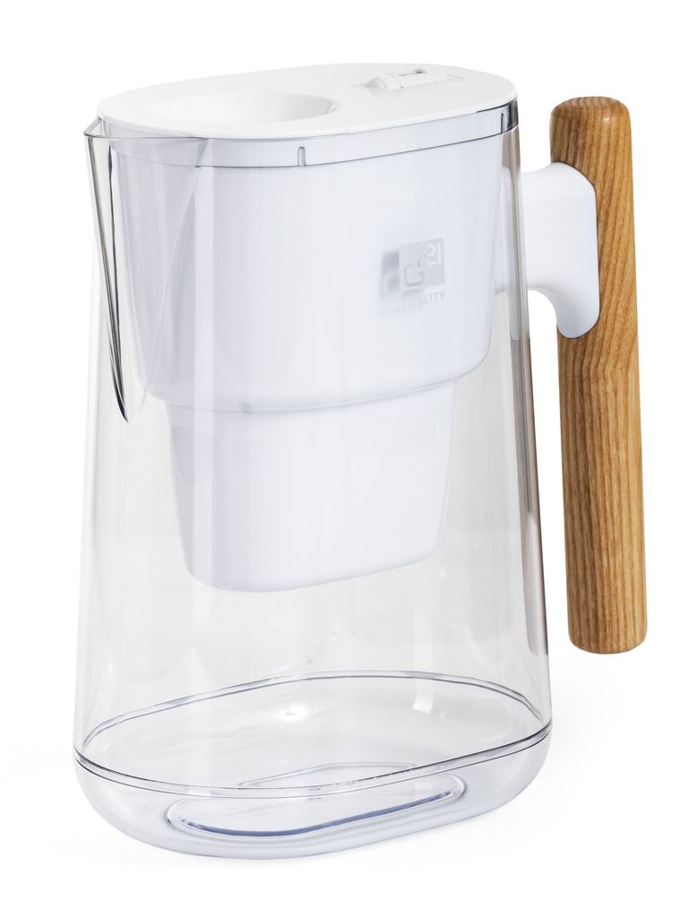 A clear pitcher with a white filter and a wooden handle.