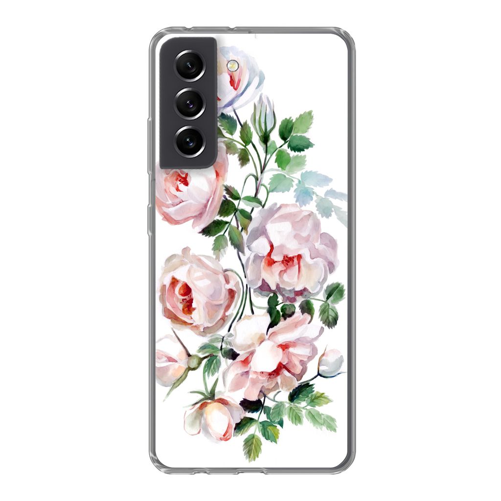 MuchoWow Handyhülle Schutzhülle Hülle für Samsung Galaxy S21 FE Aquarell - Rosen - Blumen Silikon Softcase Handy Hülle - Mobiltelefonhülle