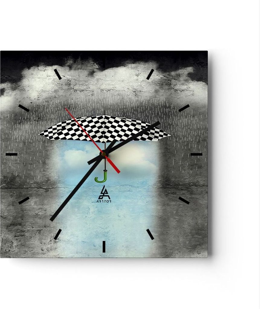 Wanduhr - Quadrat - Glasuhr - Regenschirm Regen Abbildung Phantasie - 30x30cm - Schleichendes Uhrwerk - Lautlos - zum Aufhängen bereit - Dekoratio...