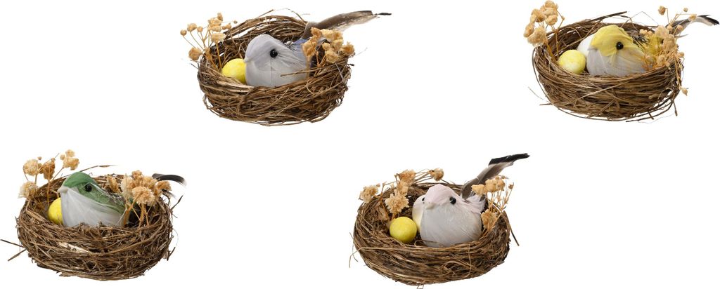 Nest mit Federvogel & Dekoeiern 9x5x4cm Gras 1 Box á 2 Stück sortiert