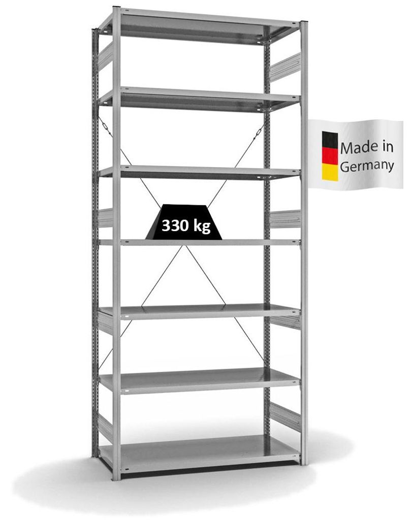 PROREGAL Fachbodenregal Stecksystem MAGNUS Germany | HxBxT 300x130x60cm | 7 Ebenen | Fachlast 330 kg | Einseitig nutzbar | Verzinkt
