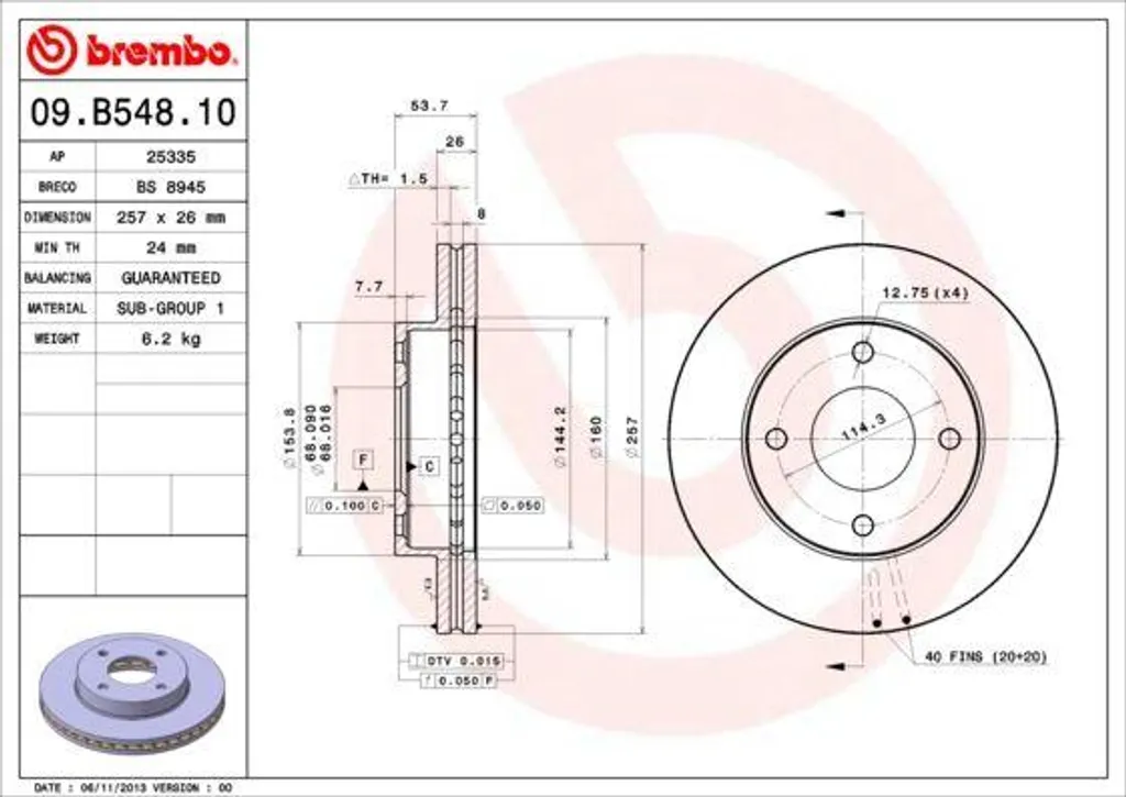 Disque de frein ventilé Brembo 09.B548.10 haute résistance NV200