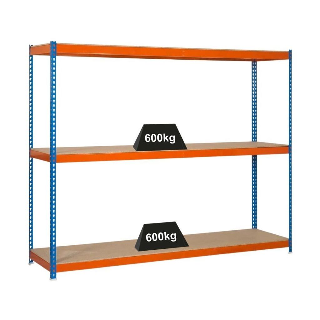 PROREGAL Schwerlastregal WOOD BEAST THREE | HxBxT 200x150x60cm | 3 Ebenen | Fachlast 600kg | Blau-Orange | Weitspannregal Werkstattregal Lagerregal...