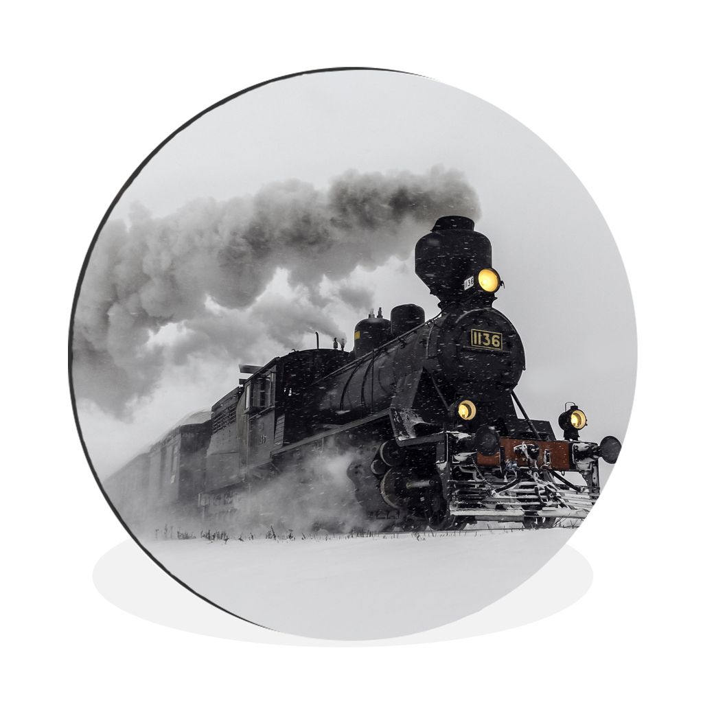MuchoWow Aluminium Wandkreis Dampflokomotive im Schnee - quadratisch Ø 90 cm Wanddeko Modern Wohnzimmer - Mauerkreis - Wandbilder - Runde Bild -...