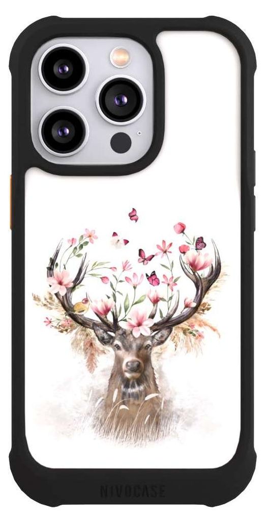 NIVOCASE Hülle für Apple iPhone 14 Pro Stoßfeste Handyhülle NIVOmax Case Schwarz Blumen Hirsch Tiere