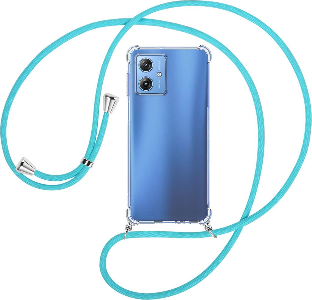Handykette Backcover-Schutzhülle mit Band (Metall silberfarben) für Motorola Moto G54 5G (XT-2343-1, 6.5'') - türkis