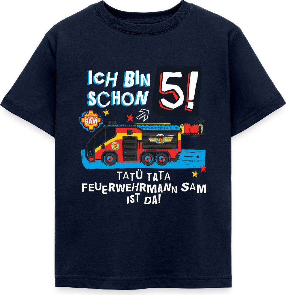 Spreadshirt Feuerwehrmann Sam Geburtstagsdesign 5 Jahre Kinder T-Shirt, 122/128 (7-8 Jahre), Navy