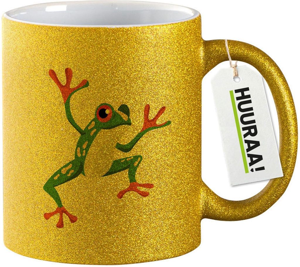 Huuraa Glitzertasse Frosch Comic 330ml Gold Keramik Kaffeebecher Geschenkidee