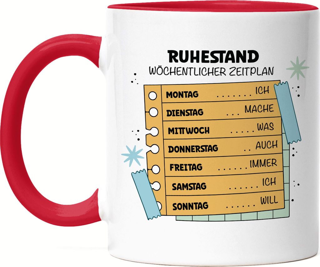 Ruhestand Wöchentlicher Zeitplan Tasse Rot Wochenplan Zeitplan Ruhestand Pension Plan Tagesstruktur Rente