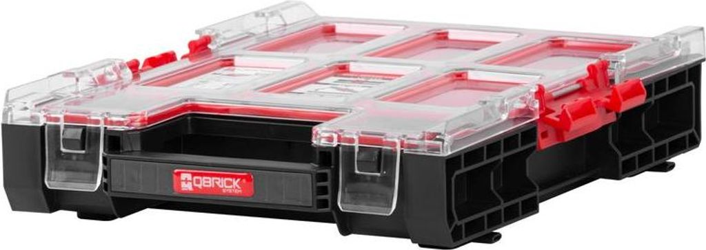 A black and red tool organizer box with a clear lid.