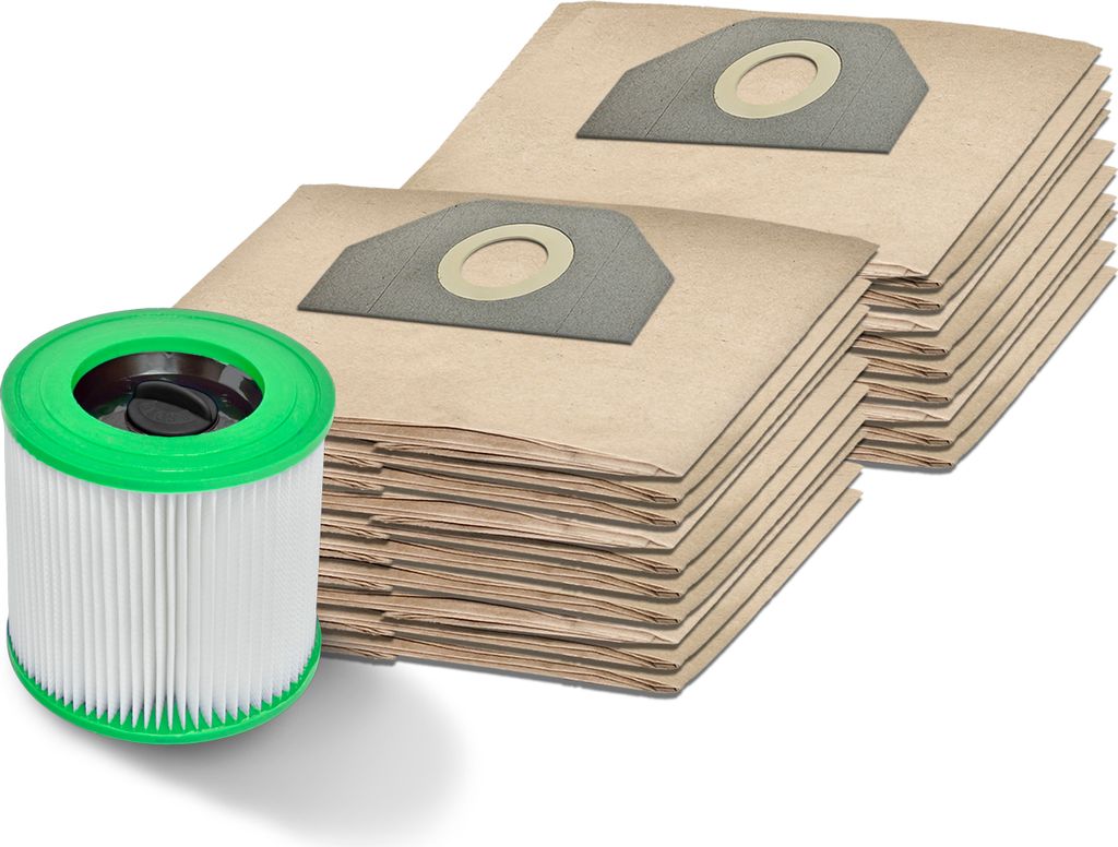 A stack of vacuum cleaner bags and a single vacuum cleaner filter.