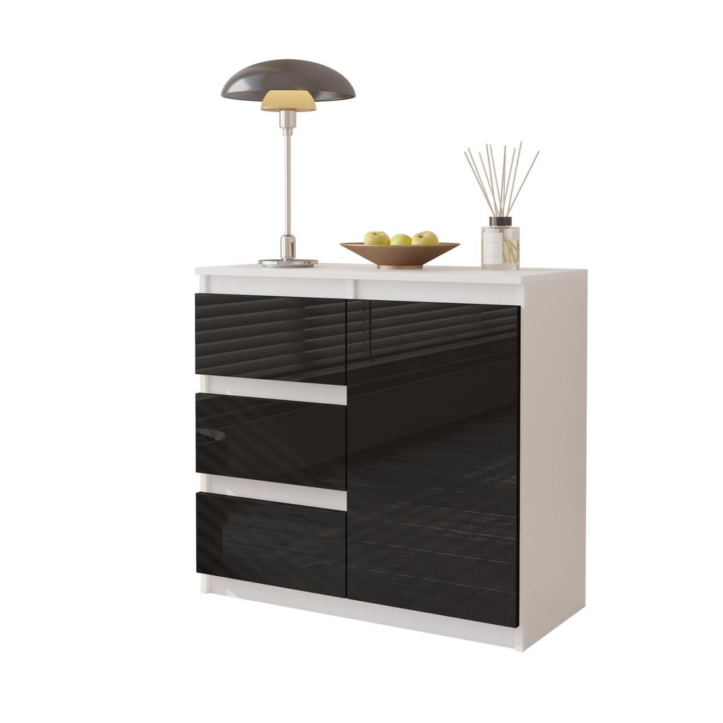 MIKEL - Kommode / Sideboard mit 3 Schubladen und 1 Tür - Weiß Matt / Schwarz Gloss H75cm B80cm T35cm