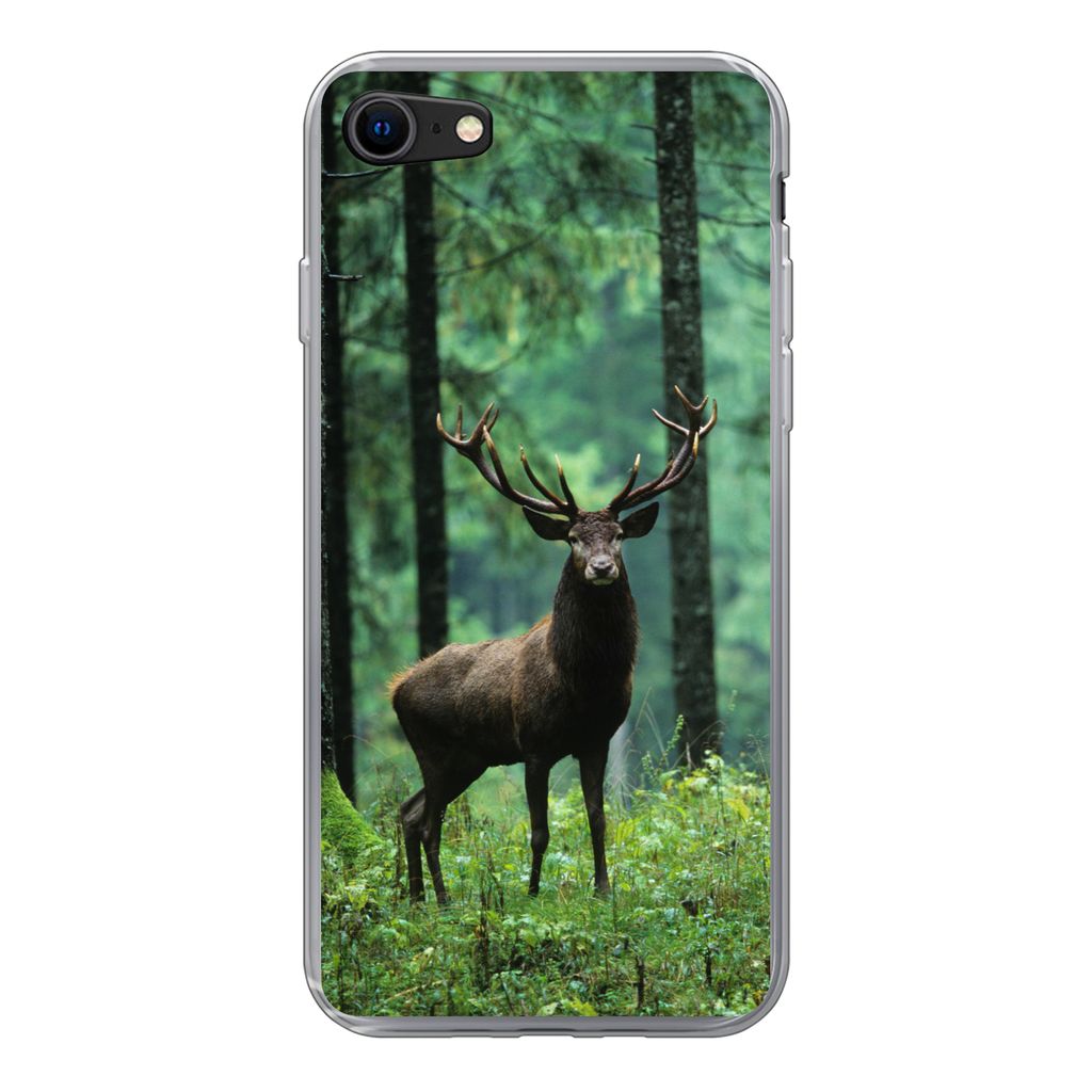 MuchoWow Handyhülle Schutzhülle Hülle für iPhone SE 2020 Hirsche - Wald - Bäume - Tiere - Natur Silikon Softcase Handy Hülle - Kartenbesitzer
