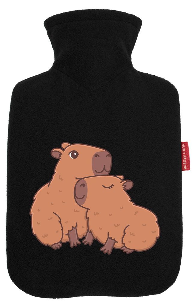 Huuraa Wärmflasche Capybara Paar Comic 1,8 Liter Black Classic Veloursbezug Bettflasche Geschenkidee
