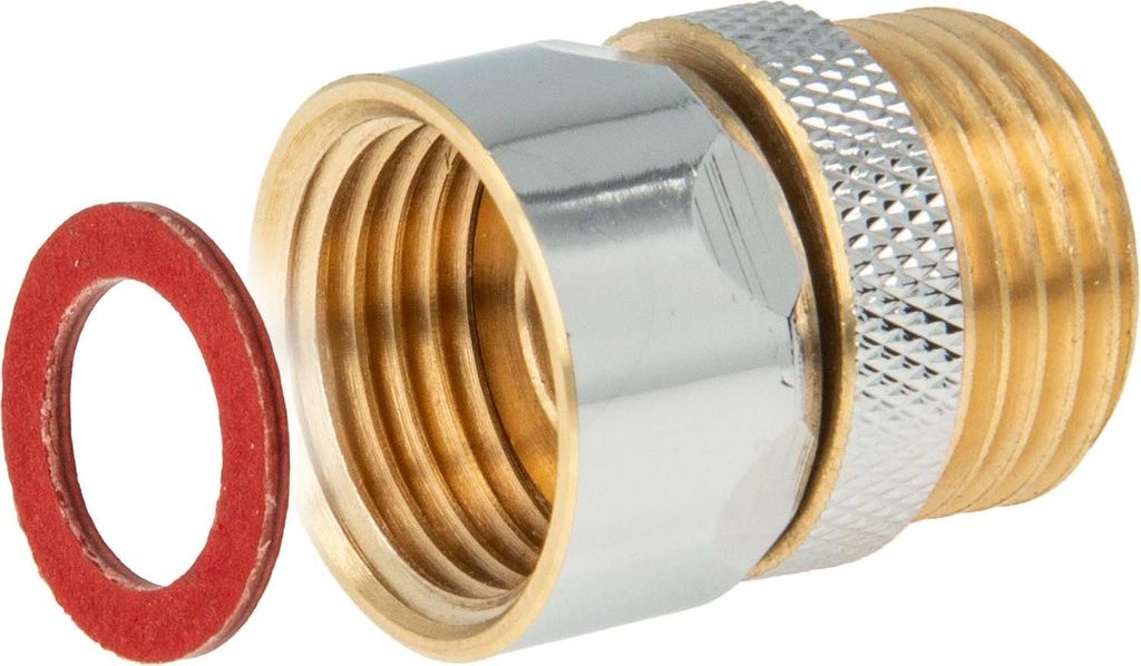 A close-up studio shot of a plumbing adapter and a red washer.