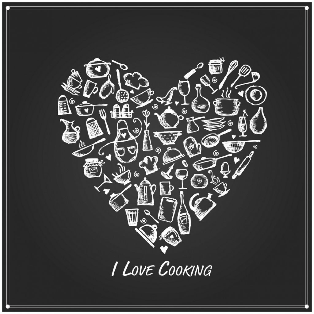 Wallario Memoboard Magnettafel aus Glas, Größe 50 x 50 cm, Motiv I Love Cooking - Herz aus Küchenutensilien in schwarz weiß