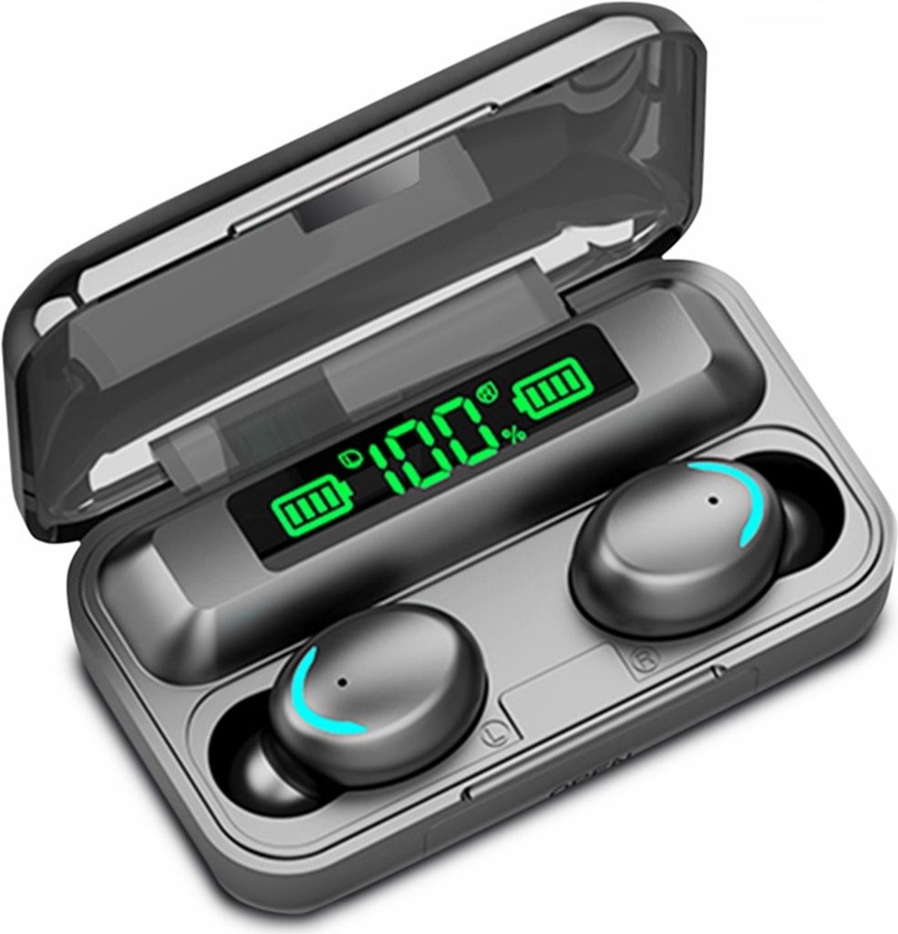 A pair of wireless earbuds in their charging case, with the case lid open.
